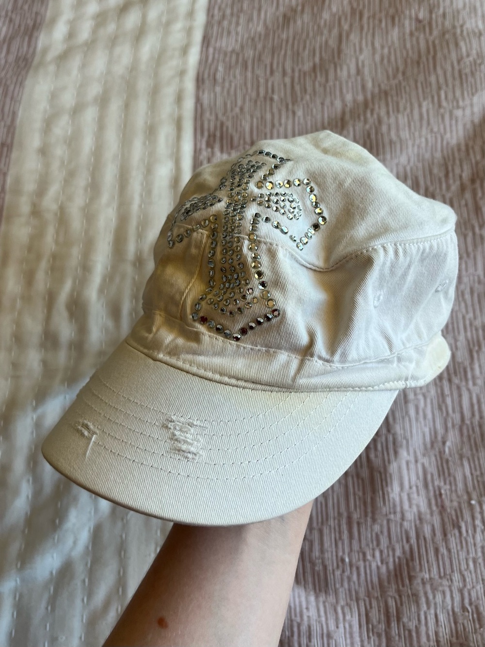 Y2K 2000s cream/Butter yellow hat Bedazzled cross design